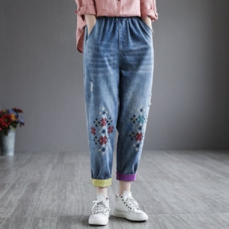 Letnie Spodnie Haremowe W Stylu Retro Z Haftem Dżinsowym