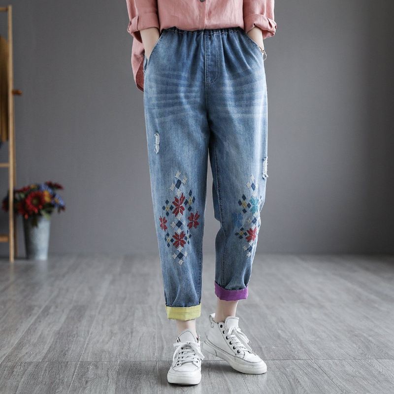 Letnie Spodnie Haremowe W Stylu Retro Z Haftem Dżinsowym