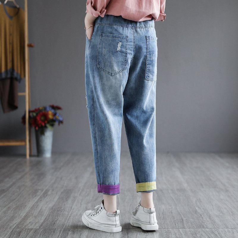 Letnie Spodnie Haremowe W Stylu Retro Z Haftem Dżinsowym