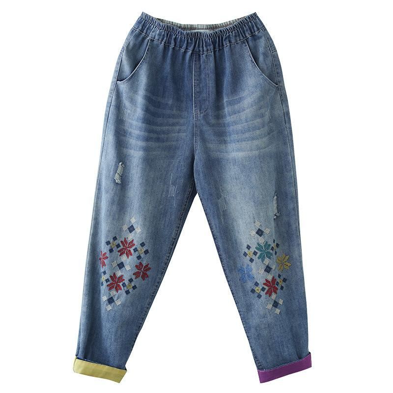 Letnie Spodnie Haremowe W Stylu Retro Z Haftem Dżinsowym