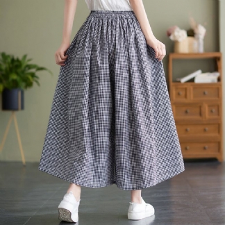 Plus Size Damskie Luźne Bawełniane Spodnie W Kratę Z Szerokimi Nogawkami