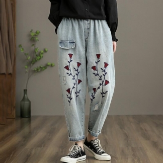 Proste Spodnie Jeansowe Z Haftem Retro