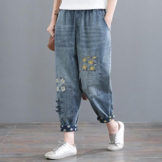 Vintage Haft Denim Spodnie Harem