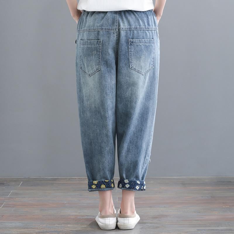 Vintage Haft Denim Spodnie Harem