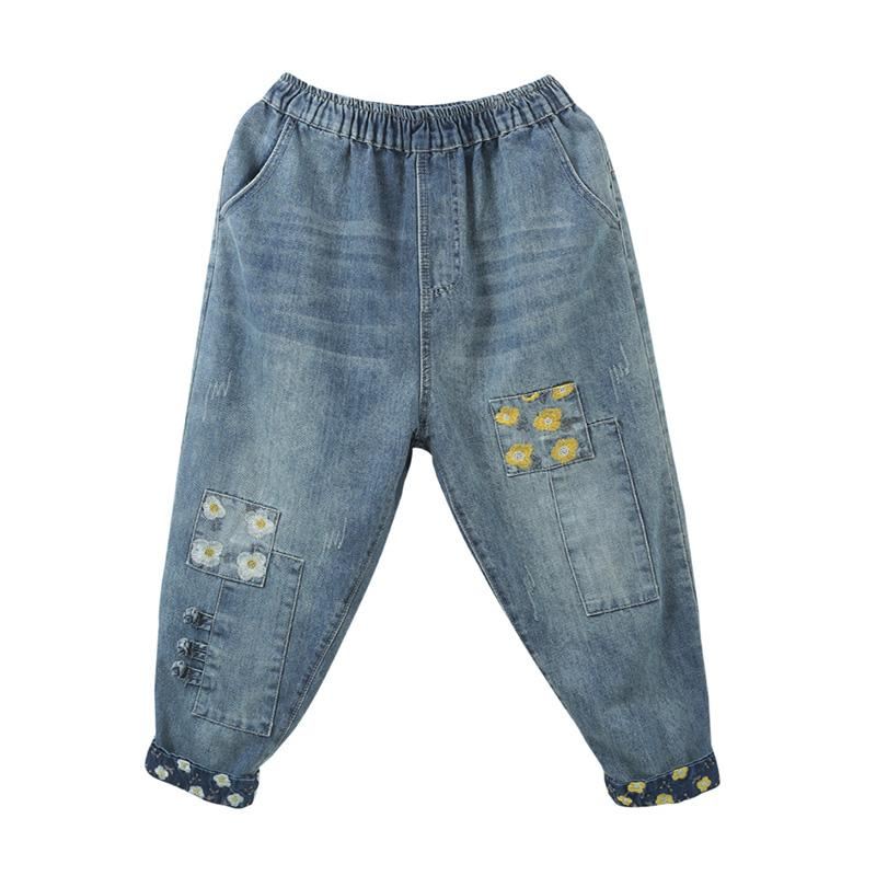 Vintage Haft Denim Spodnie Harem