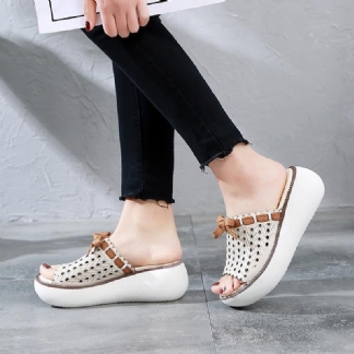 Skórzane Vintage Hollow Out Wedge Damskie Kapcie Na Co Dzień