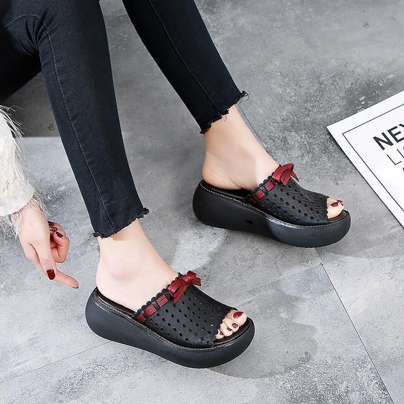 Skórzane Vintage Hollow Out Wedge Damskie Kapcie Na Co Dzień