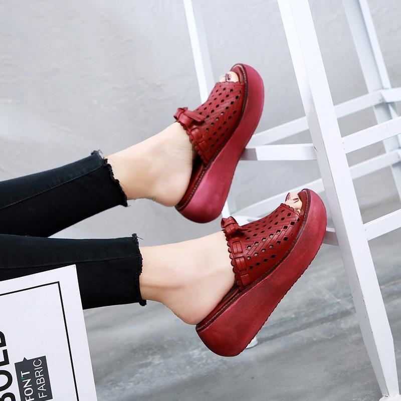 Skórzane Vintage Hollow Out Wedge Damskie Kapcie Na Co Dzień