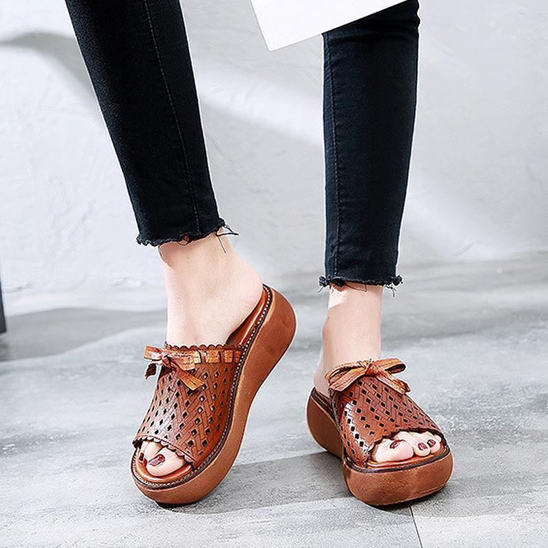 Skórzane Vintage Hollow Out Wedge Damskie Kapcie Na Co Dzień
