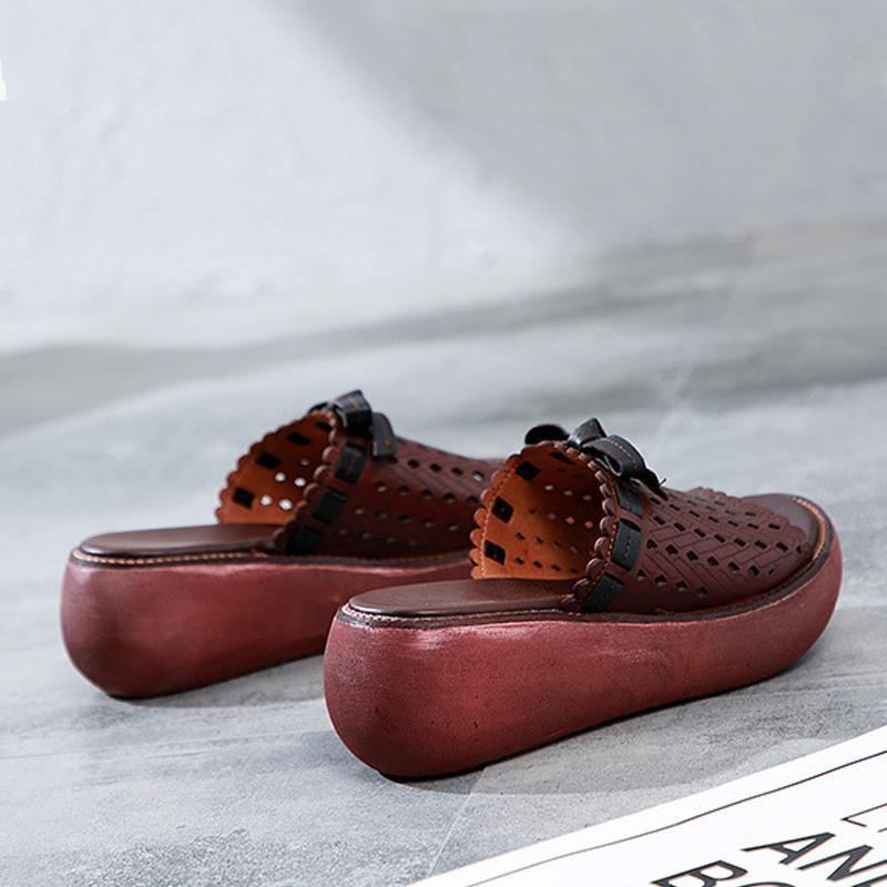 Skórzane Vintage Hollow Out Wedge Damskie Kapcie Na Co Dzień