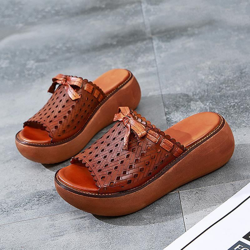 Skórzane Vintage Hollow Out Wedge Damskie Kapcie Na Co Dzień