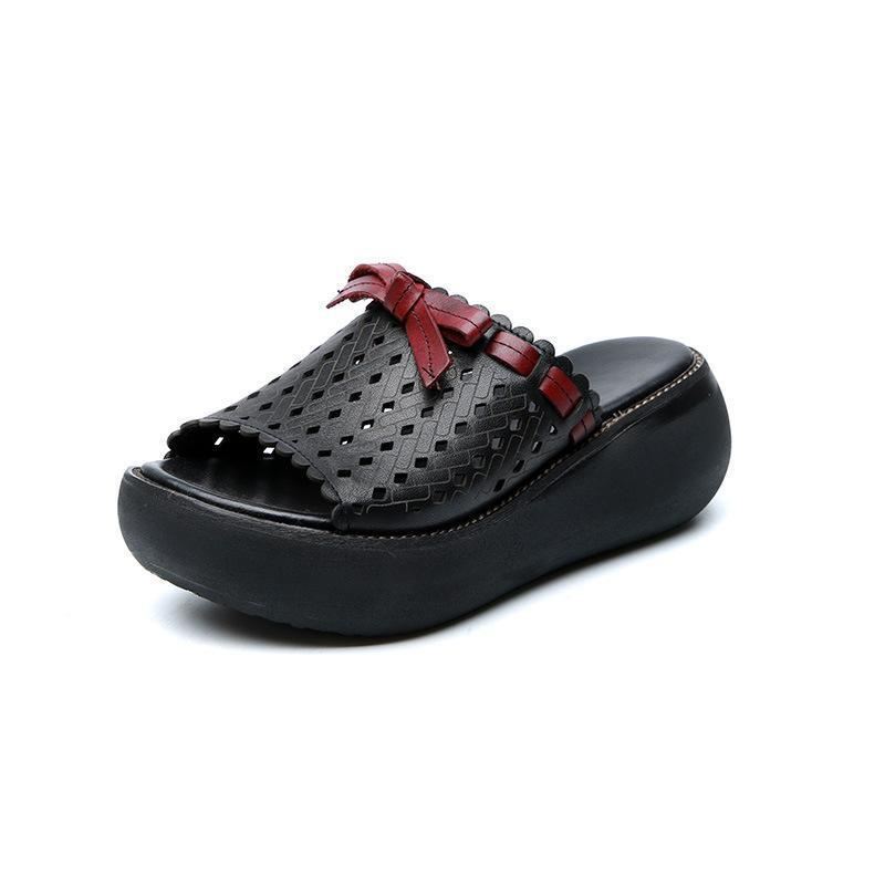 Skórzane Vintage Hollow Out Wedge Damskie Kapcie Na Co Dzień