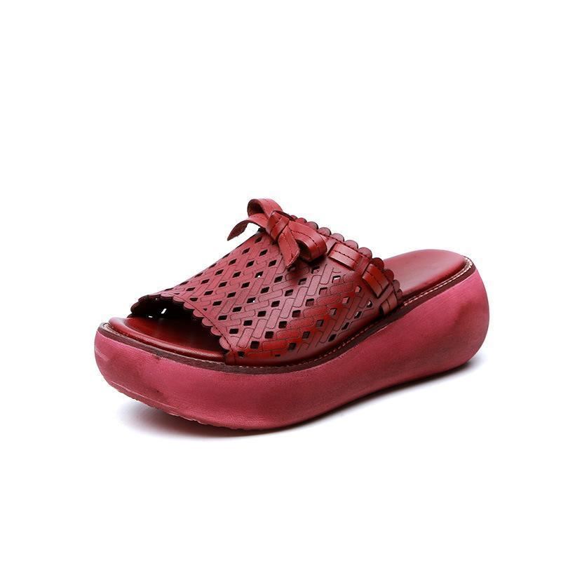 Skórzane Vintage Hollow Out Wedge Damskie Kapcie Na Co Dzień