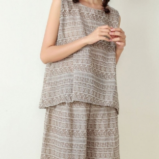 Kobiety Lato Vintage Stripe Haft Bez Rękawów Luźny Zestaw