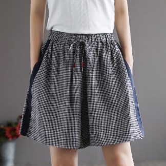 Damskie Letnie Luźne Lniane Spodenki W Kratę W Stylu Retro