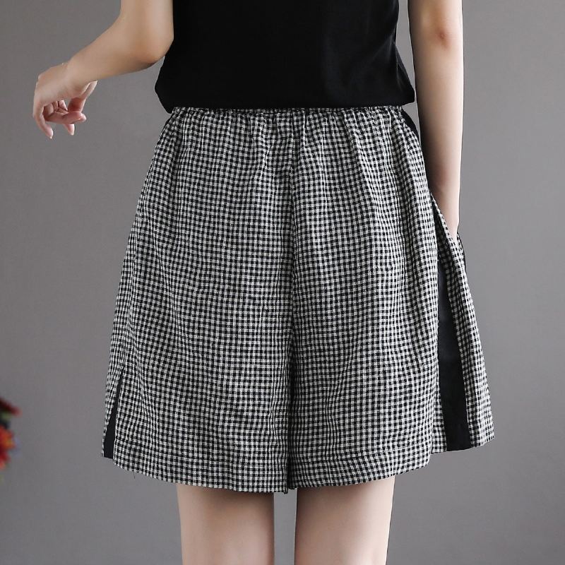 Damskie Letnie Luźne Lniane Spodenki W Kratę W Stylu Retro