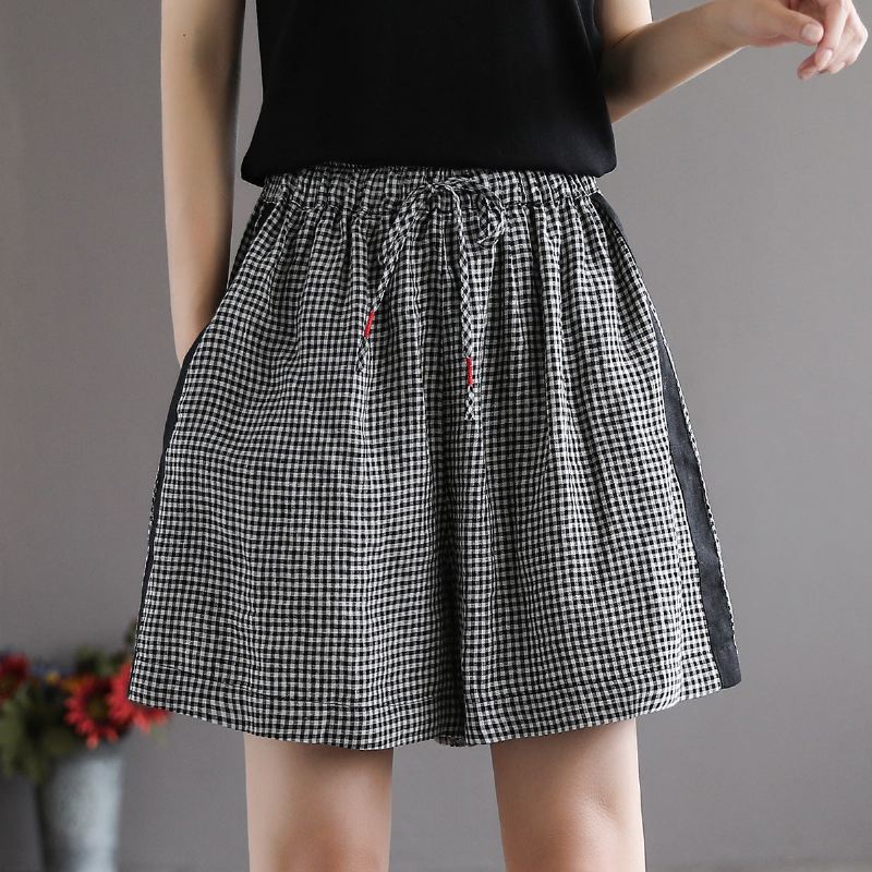 Damskie Letnie Luźne Lniane Spodenki W Kratę W Stylu Retro
