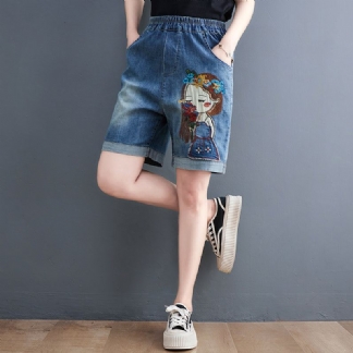 Damskie Letnie Spodenki Dżinsowe Z Haftem Retro