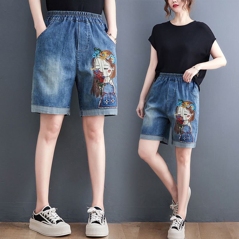 Damskie Letnie Spodenki Dżinsowe Z Haftem Retro