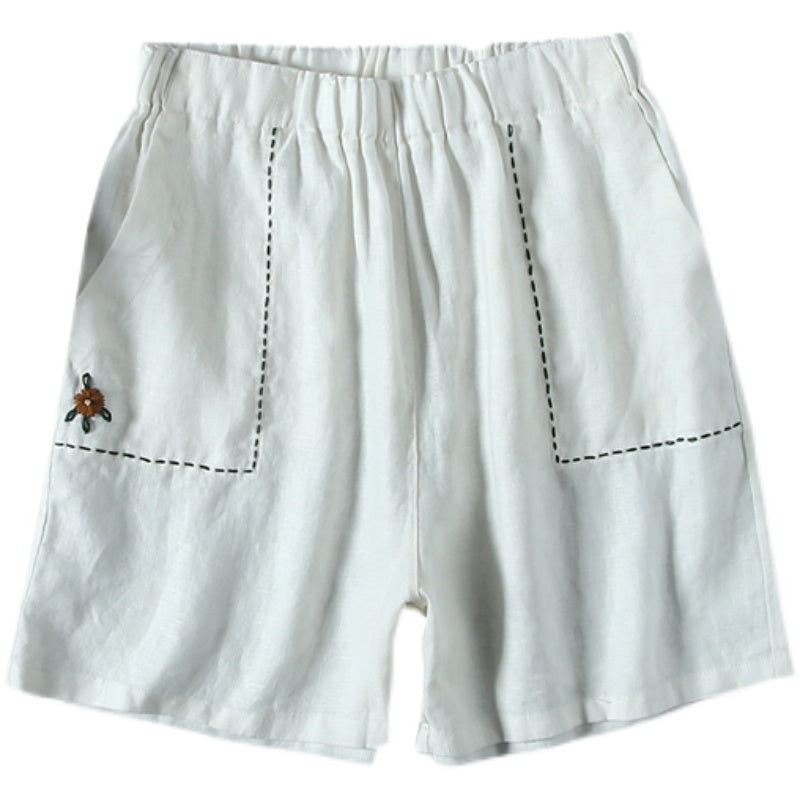 Letnie Lniane Haftowane Luźne Spodenki W Stylu Retro