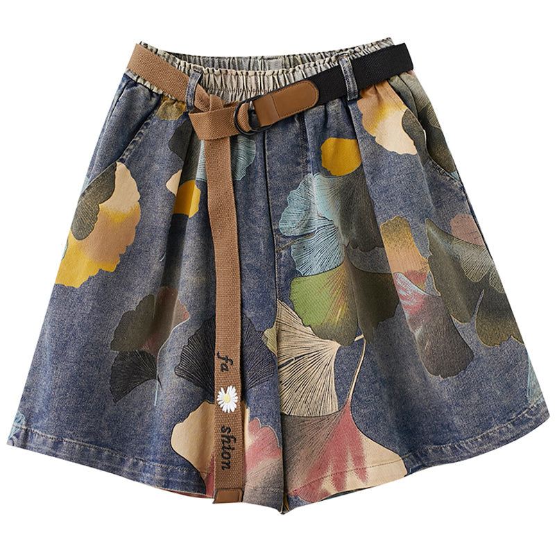 Luźne Spodenki Dżinsowe Damskie Letnie Retro W Kwiaty Z Nadrukiem