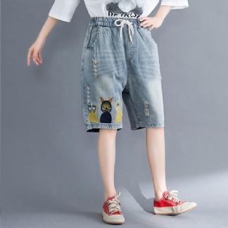 Plus Size Casual Cartoon Haftowane Spodenki Dżinsowe