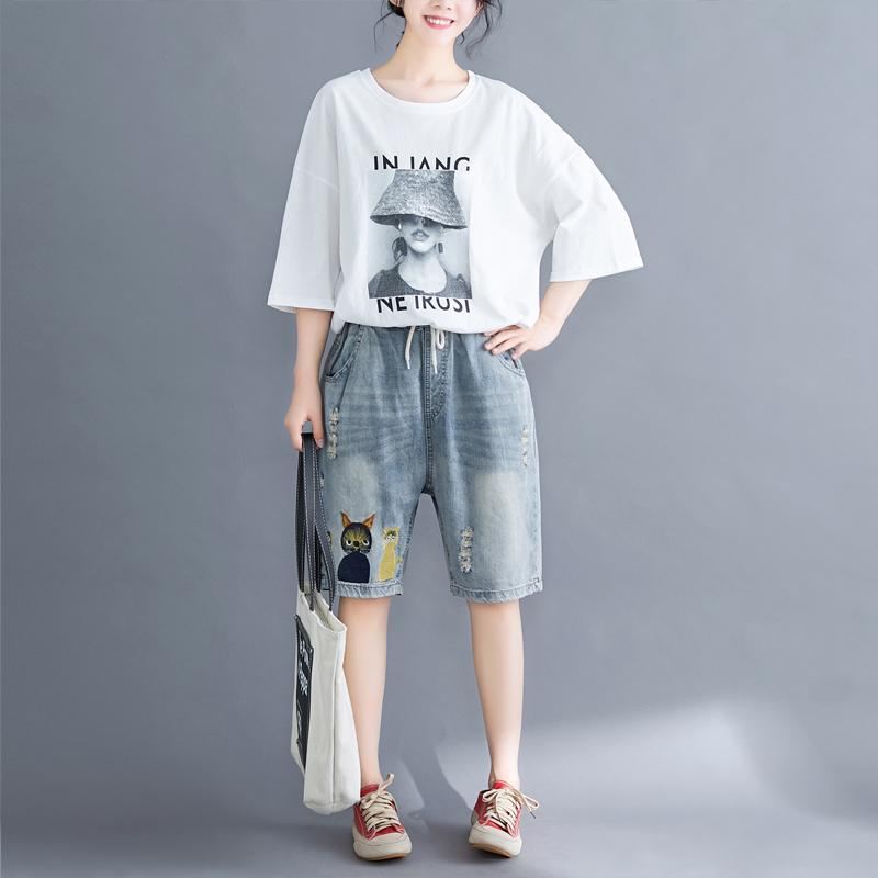 Plus Size Casual Cartoon Haftowane Spodenki Dżinsowe