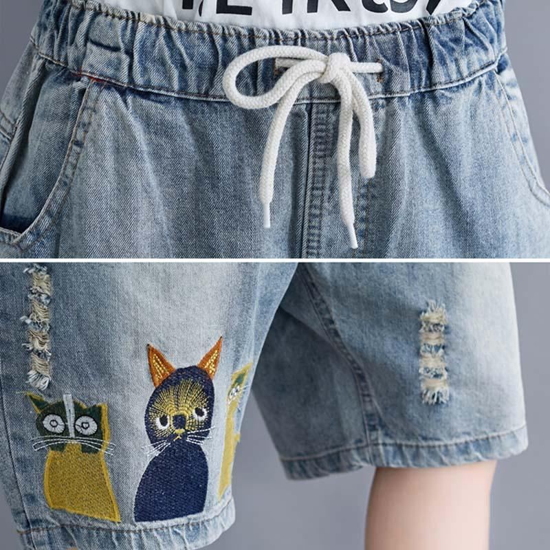 Plus Size Casual Cartoon Haftowane Spodenki Dżinsowe