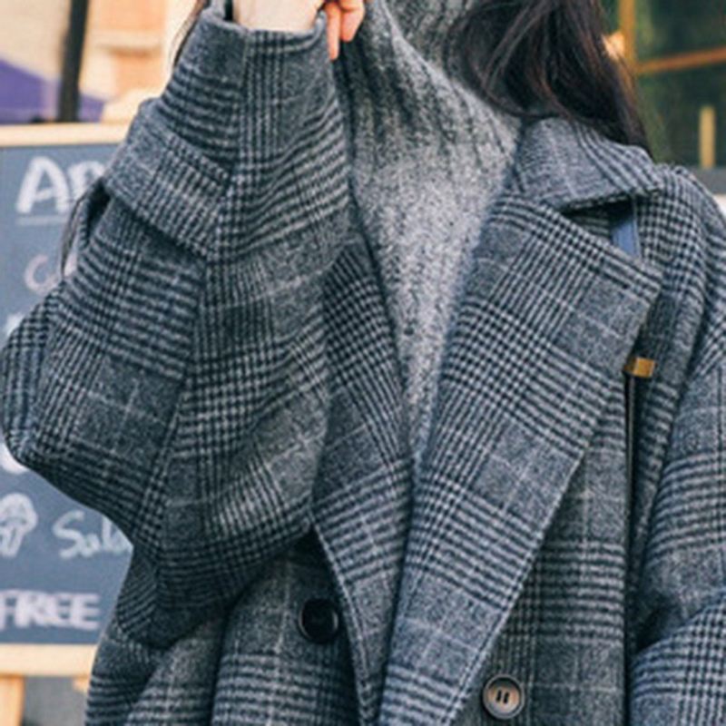 Gingham Fashion Dwurzędowy Wełniany Płaszcz Przeciwwiatrowy