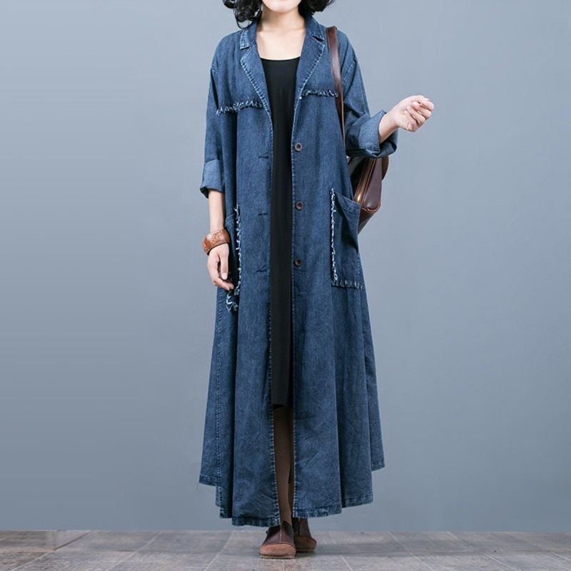 Kobiety Casual Rough Selvage Duże Kieszenie Solidny Długi Luźny Płaszcz Z Kapturem