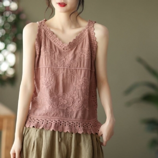 Damska Kamizelka Letnia W Stylu Vintage Kwiatowy Haft Hollow Trim