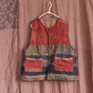 Luźna Lniana Kamizelka W Stylu Retro Patchwork