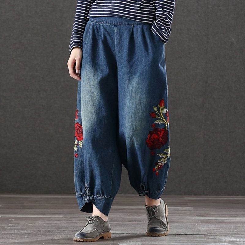 Haftowane Dżinsy W Stylu Retro Z Luźną Talią