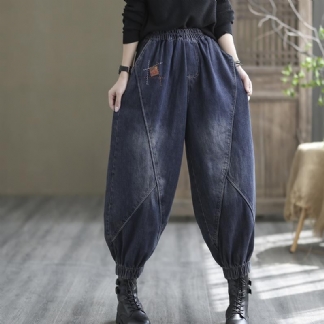 Plus Size Luźne Jesienne Patchworkowe Spodnie Jeansowe Harem