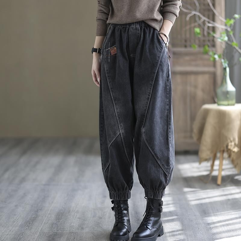 Plus Size Luźne Jesienne Patchworkowe Spodnie Jeansowe Harem