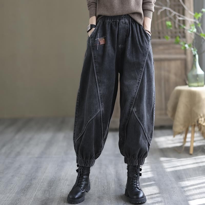 Plus Size Luźne Jesienne Patchworkowe Spodnie Jeansowe Harem
