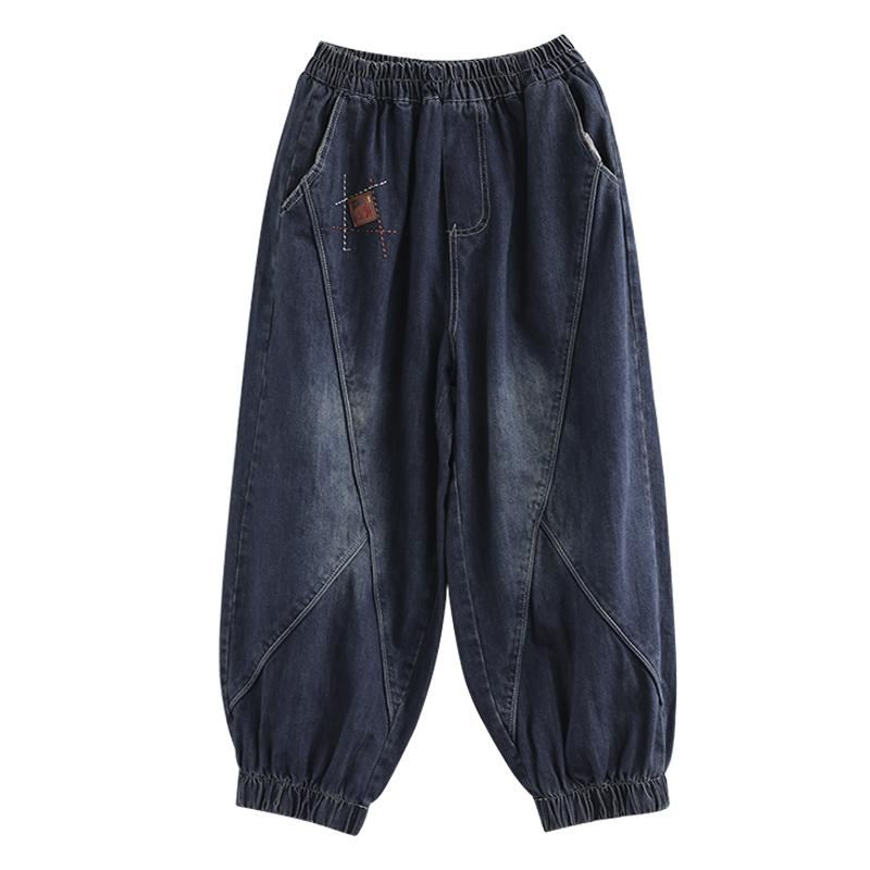 Plus Size Luźne Jesienne Patchworkowe Spodnie Jeansowe Harem