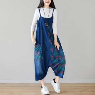 Jesień Denim Bib Luźne Wiszące Retro Drukowane Spódnica Kombinezon