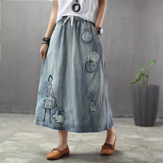 Letnia Cienka Haftowana Łatka Z Łatami Swing Denim Spódnica