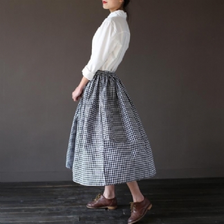 Vintage Bawełniana Plaid Luźna Spódnica Damska