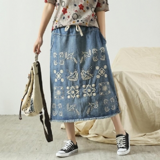 Wiosenna Luźna Spódnica Denim Retro Haft