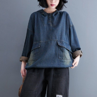 Wiosna Retro Casual Patchwork Luźna Denim Bluza Z Kapturem
