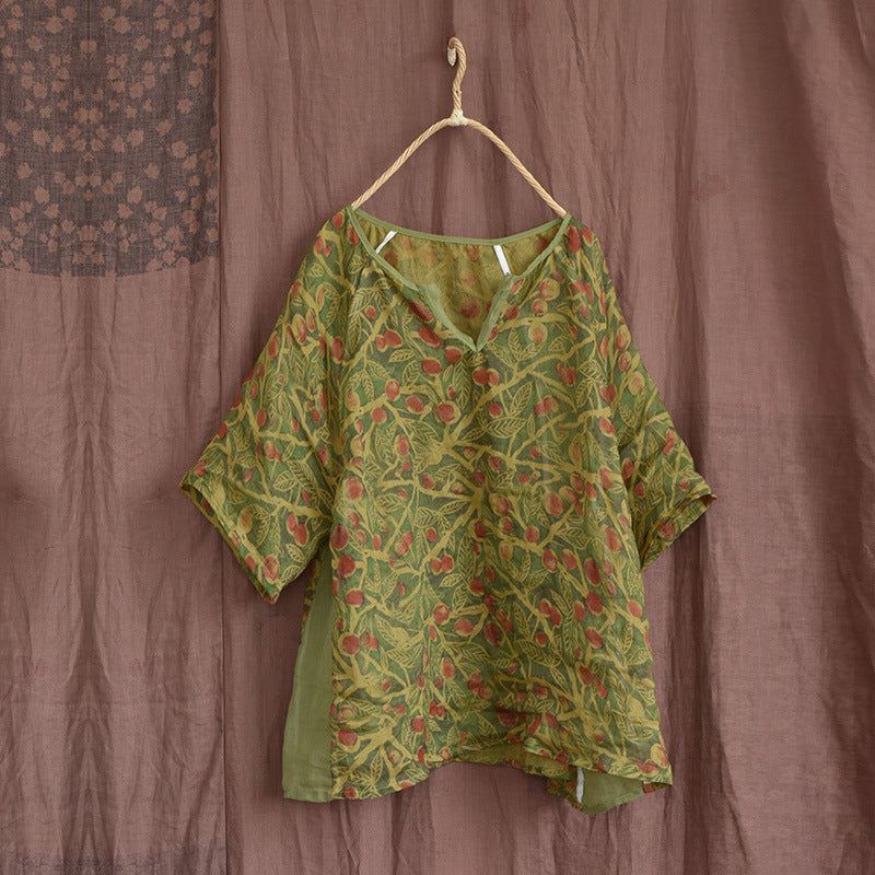 Letnia Luźna Luźna Bluzka W Kwiaty Retro