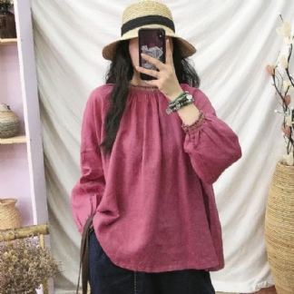 Lniana Koszula Mock Turtle Neck Luźne Topy Damskie Na Co Dzień