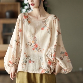 Plus Size Damska Wiosenna Luźna Lniana Bluzka W Kwiaty