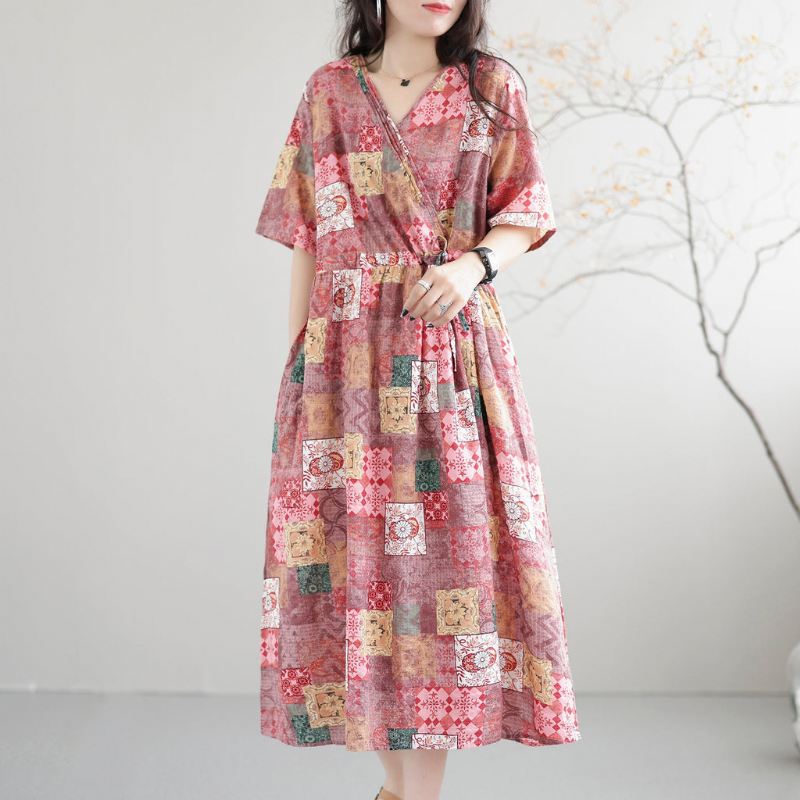 Casual Luźna Letnia Sukienka Bawełniana Patchworkowa Retro