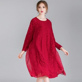 Kobiety Plus Size Devore Bawełniana Solidna Koronkowa Sukienka Z Długim Rękawem