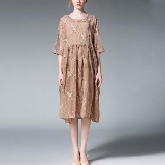 Letnia Damska Haftowana Koronkowa Sukienka Khaki 4xl