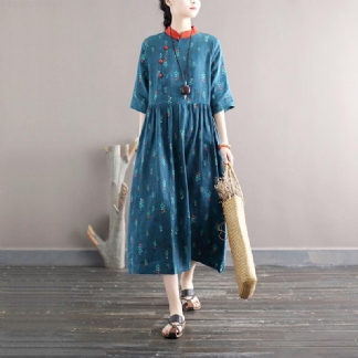 Letnia Luźna Lniana Sukienka W Kwiaty Retro Plus Size