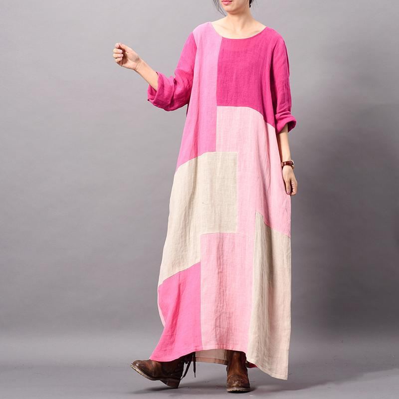 Luźna Lniana Sukienka Maxi W Modne Kolorowe Bloki